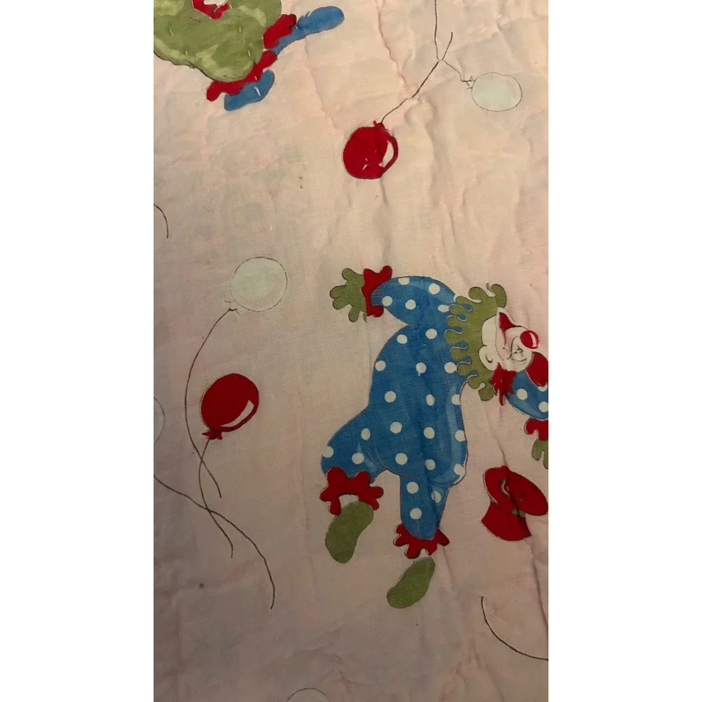 Vintage Handmade Circus Clown Quilt Pink Blue Nursery Blanket Retro Kitsch